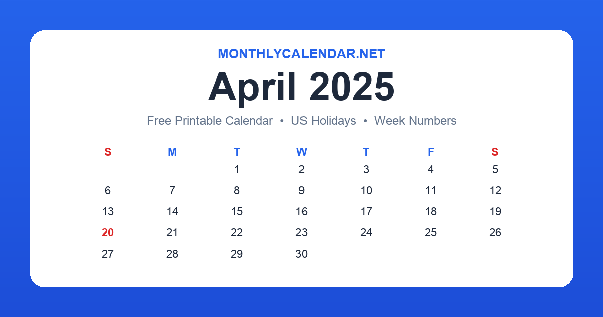 Printable April 2025 calendar with holidays