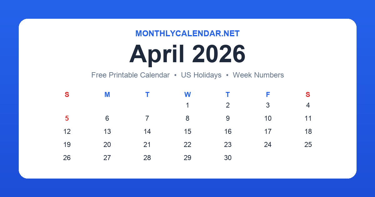 Printable April 2026 calendar with holidays