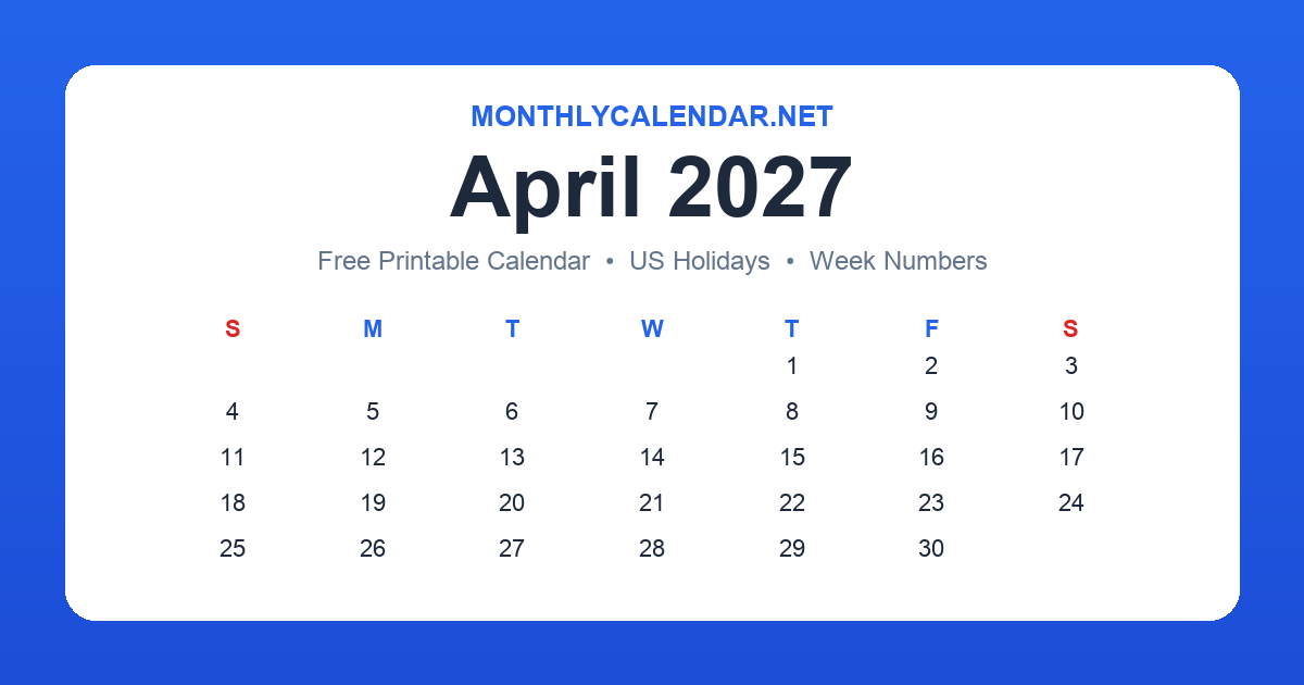 Printable April 2027 calendar with holidays