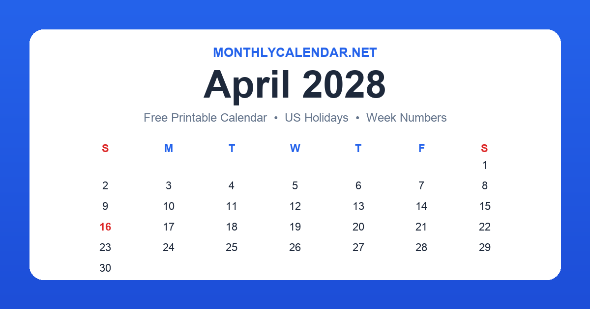 Printable April 2028 calendar with holidays