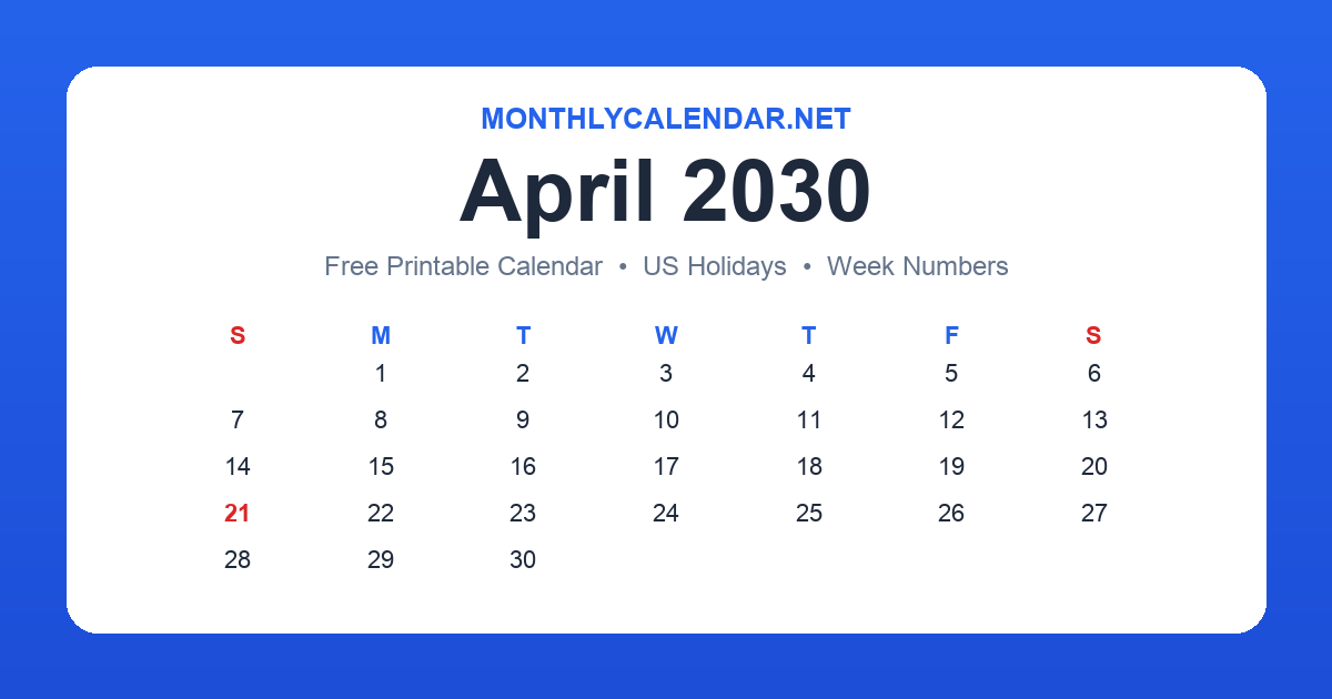Printable April 2030 calendar with holidays