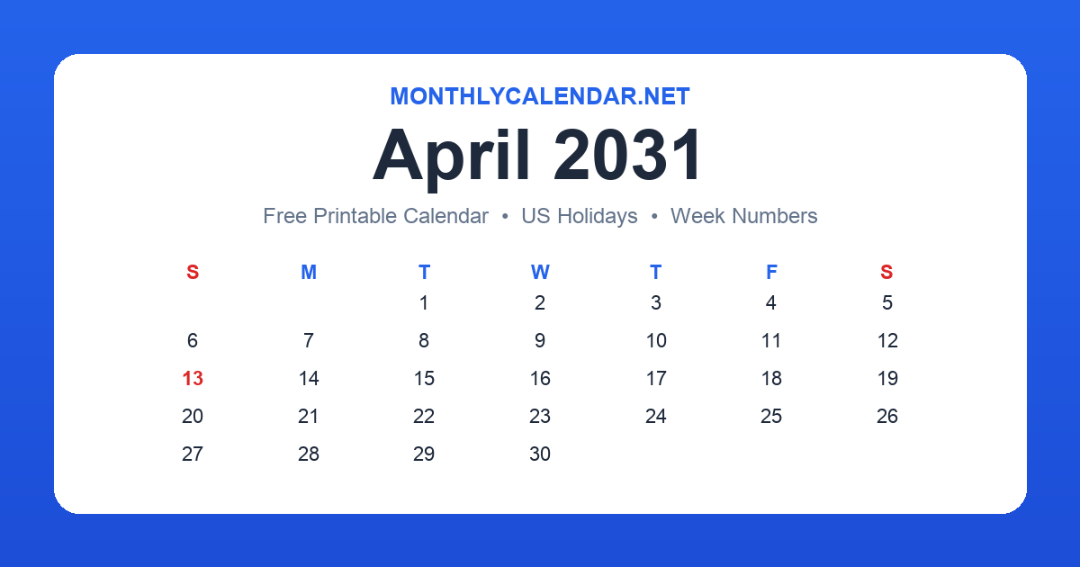 Printable April 2031 calendar with holidays
