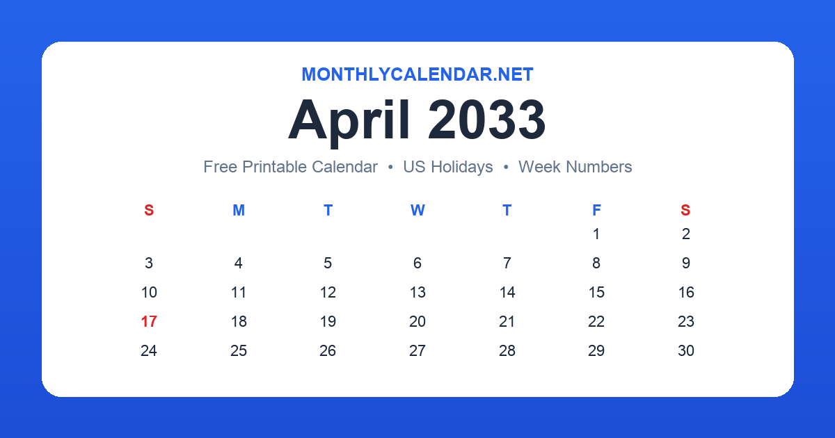 Printable April 2033 calendar with holidays