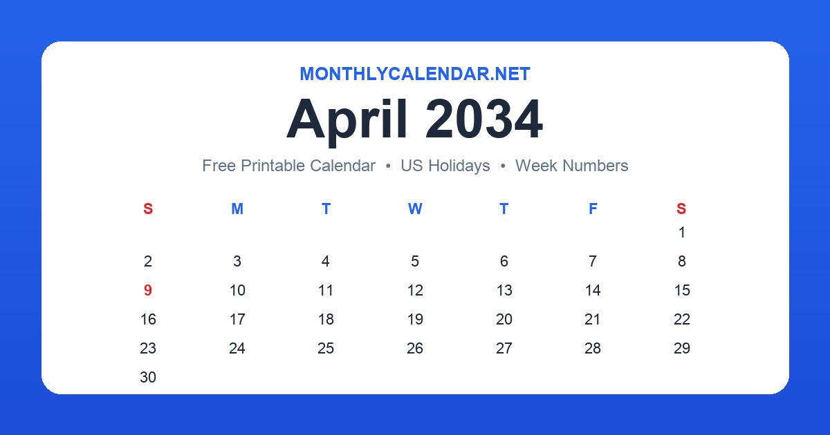 Printable April 2034 calendar with holidays