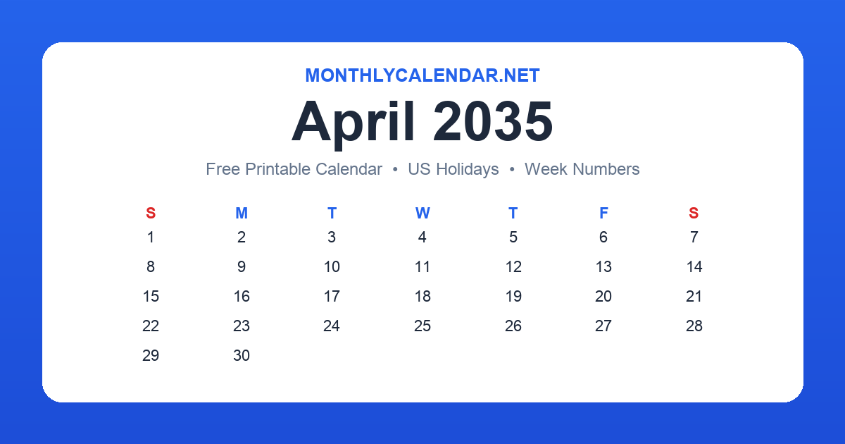 Printable April 2035 calendar with holidays
