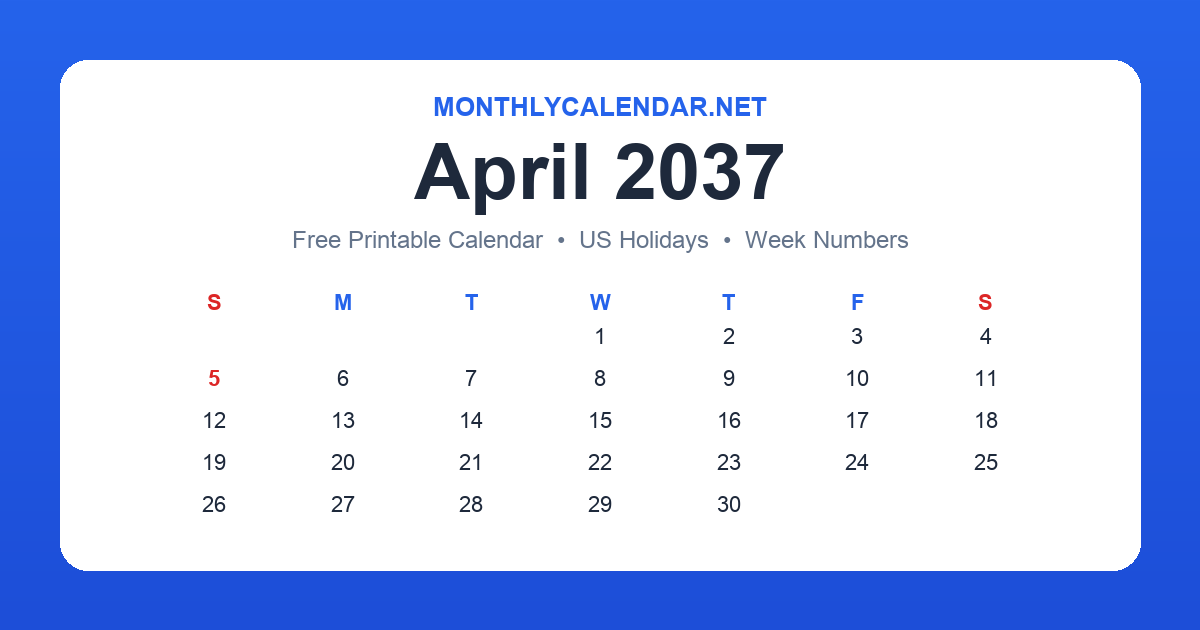 Printable April 2037 calendar with holidays