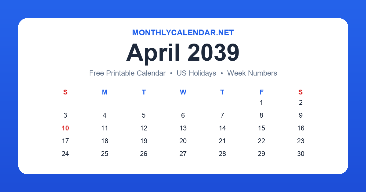 Printable April 2039 calendar with holidays