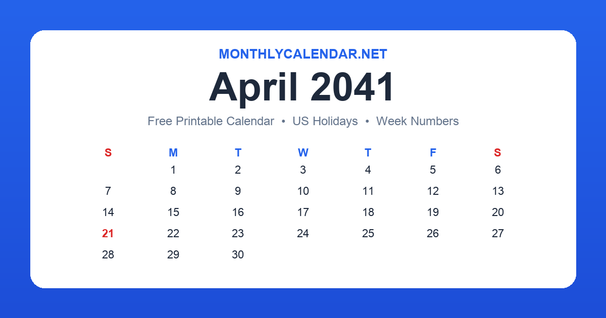 Printable April 2041 calendar with holidays