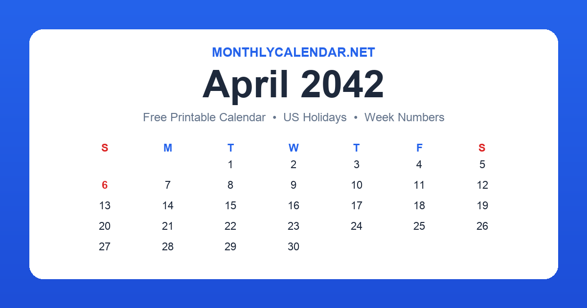 Printable April 2042 calendar with holidays