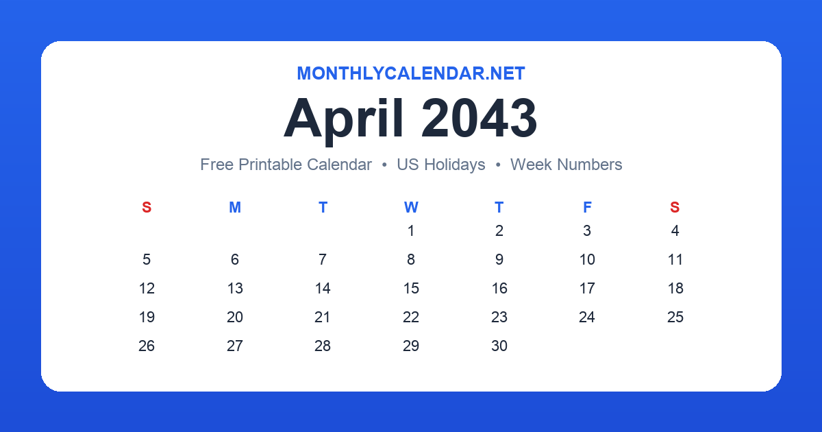 Printable April 2043 calendar with holidays
