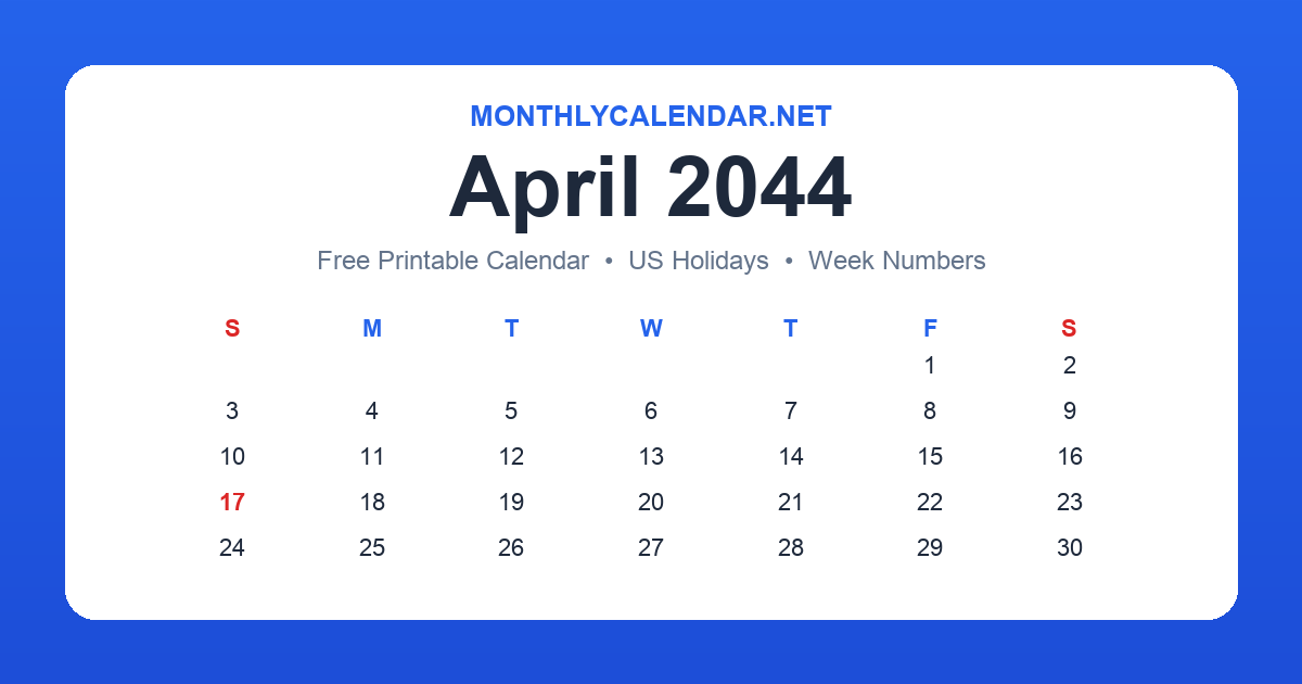 Printable April 2044 calendar with holidays
