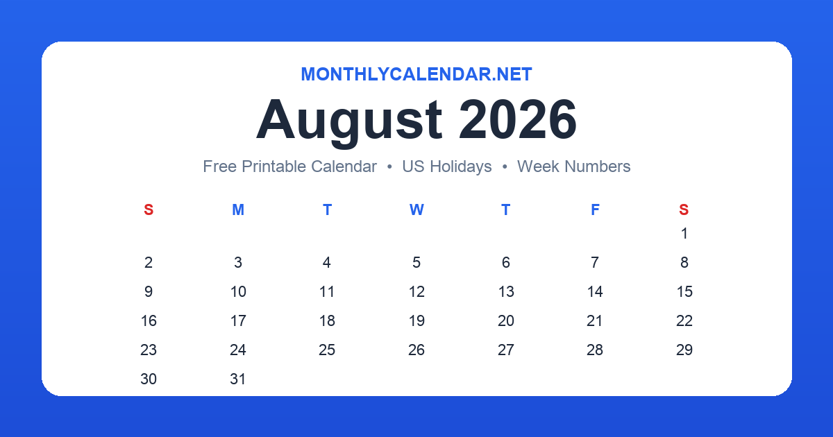 Printable August 2026 calendar with holidays