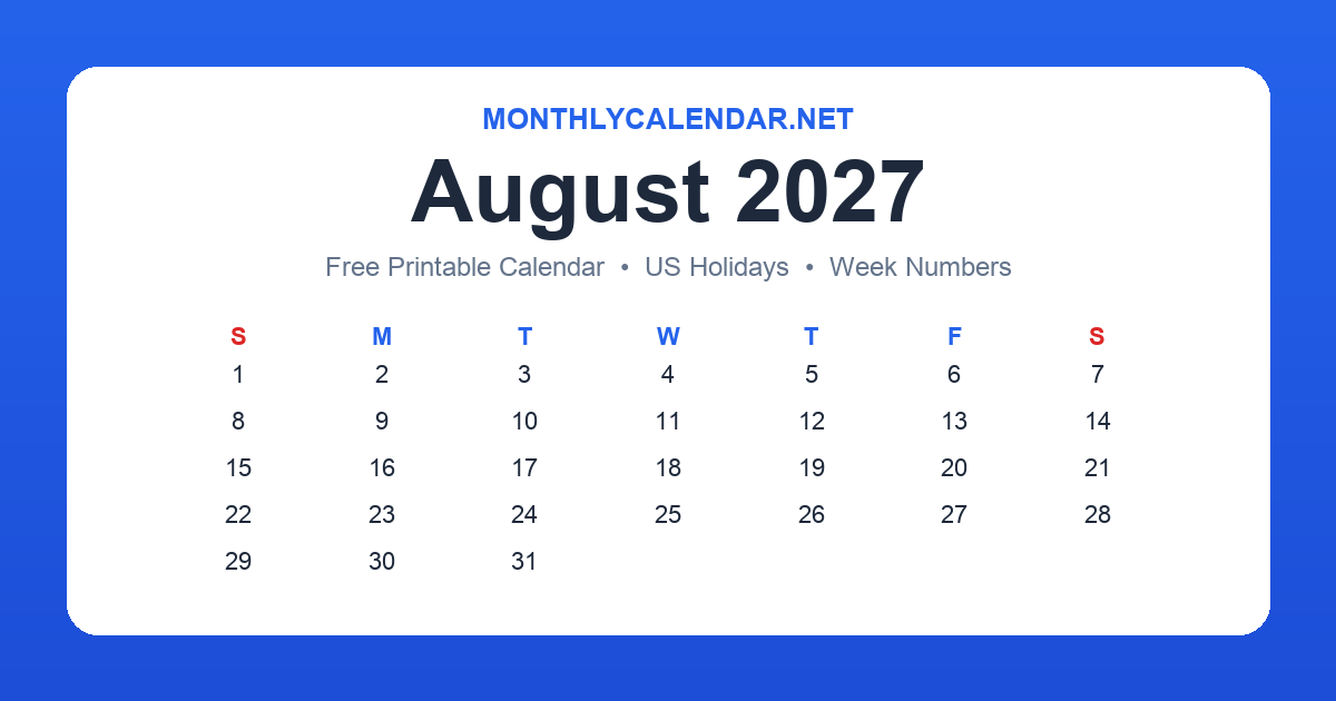 Printable August 2027 calendar with holidays