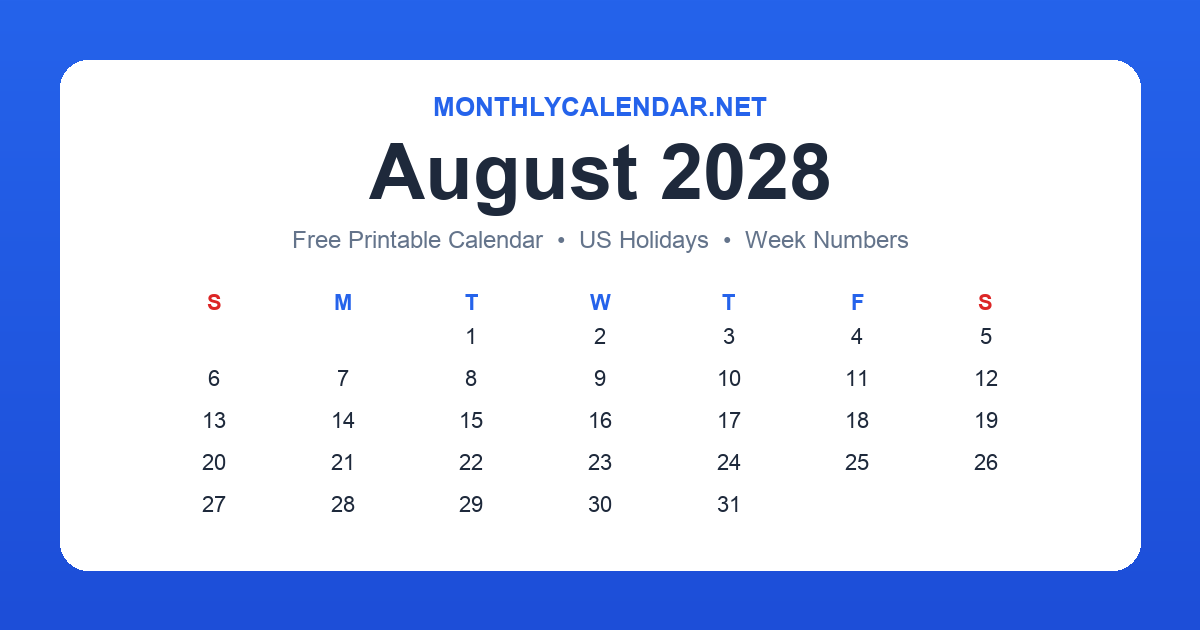Printable August 2028 calendar with holidays