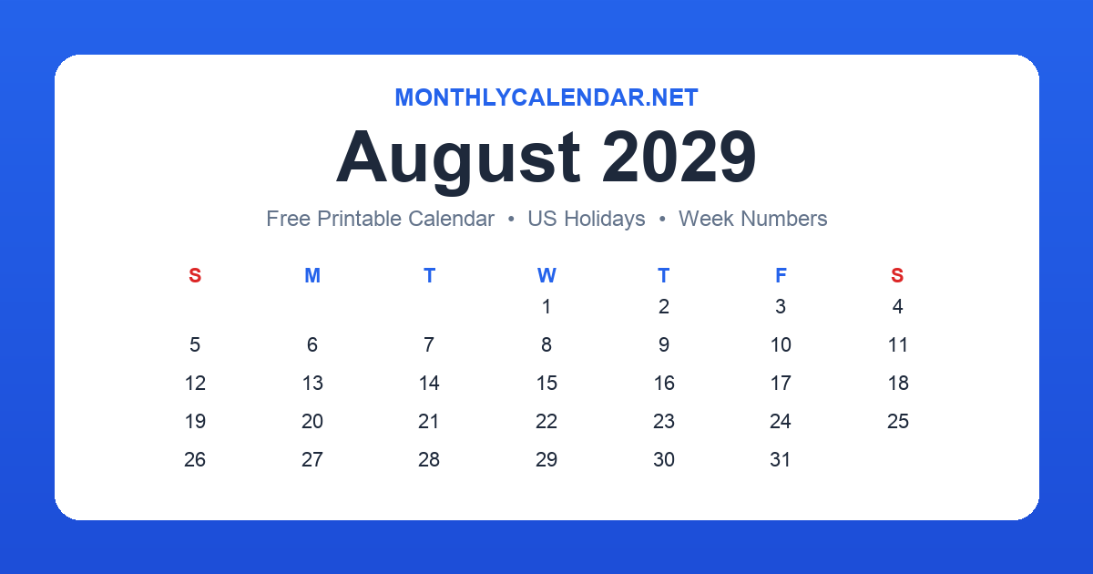 Printable August 2029 calendar with holidays