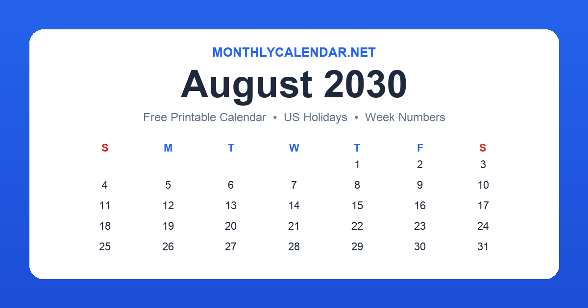 Printable August 2030 calendar with holidays