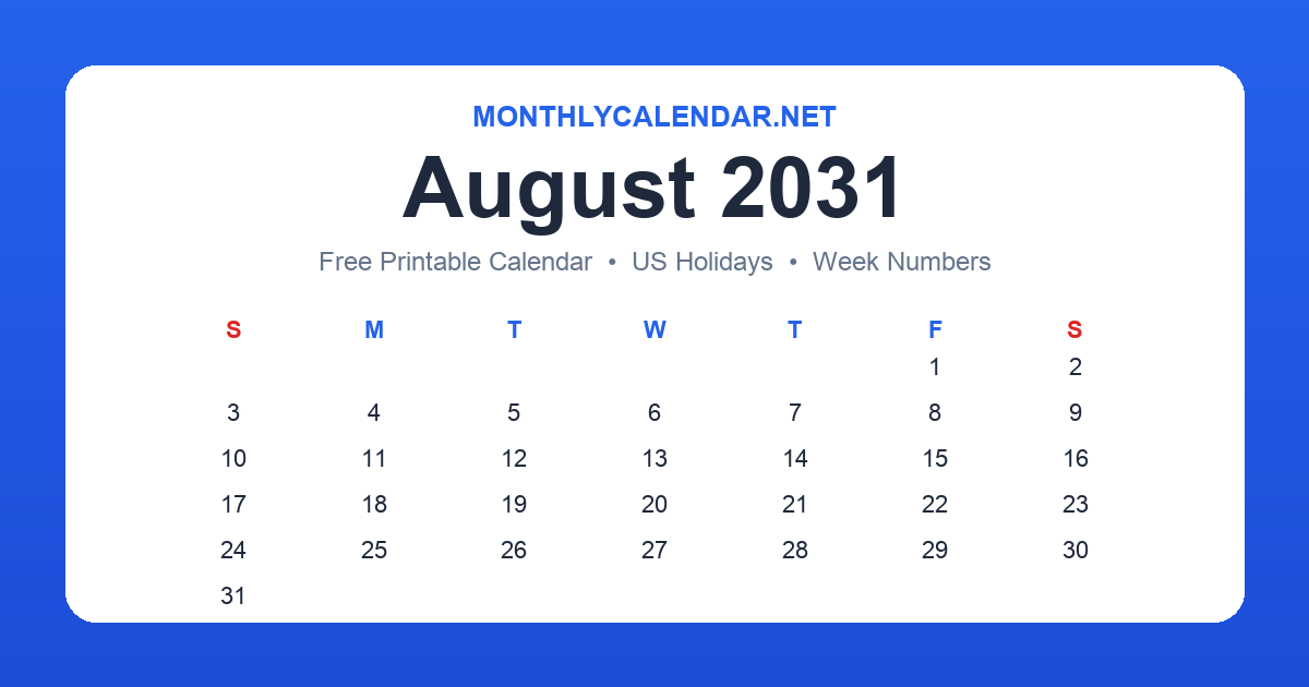 Printable August 2031 calendar with holidays