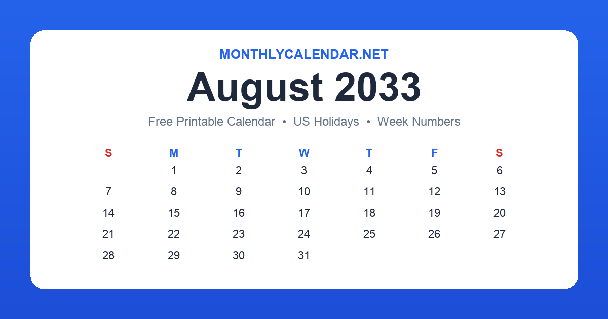 Printable August 2033 calendar with holidays