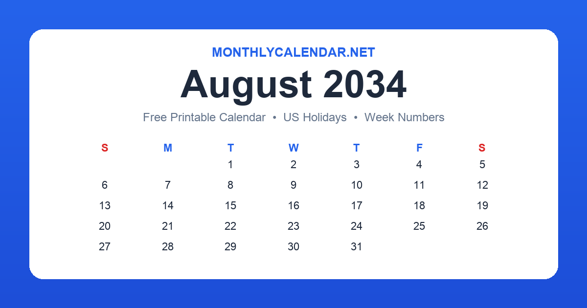 Printable August 2034 calendar with holidays