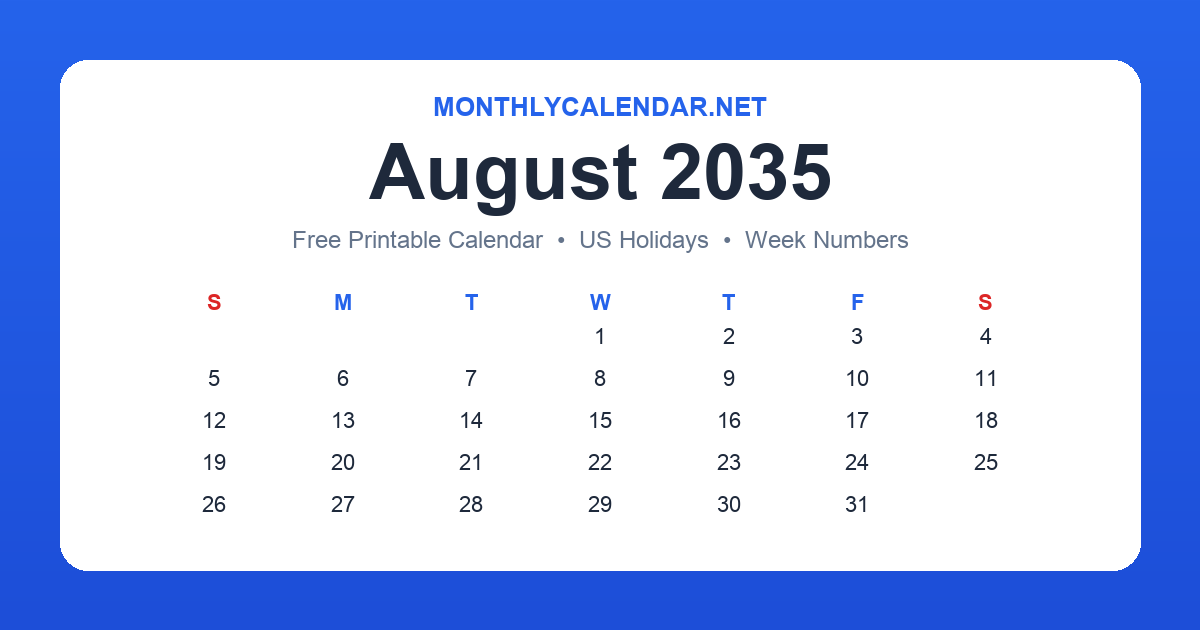 Printable August 2035 calendar with holidays