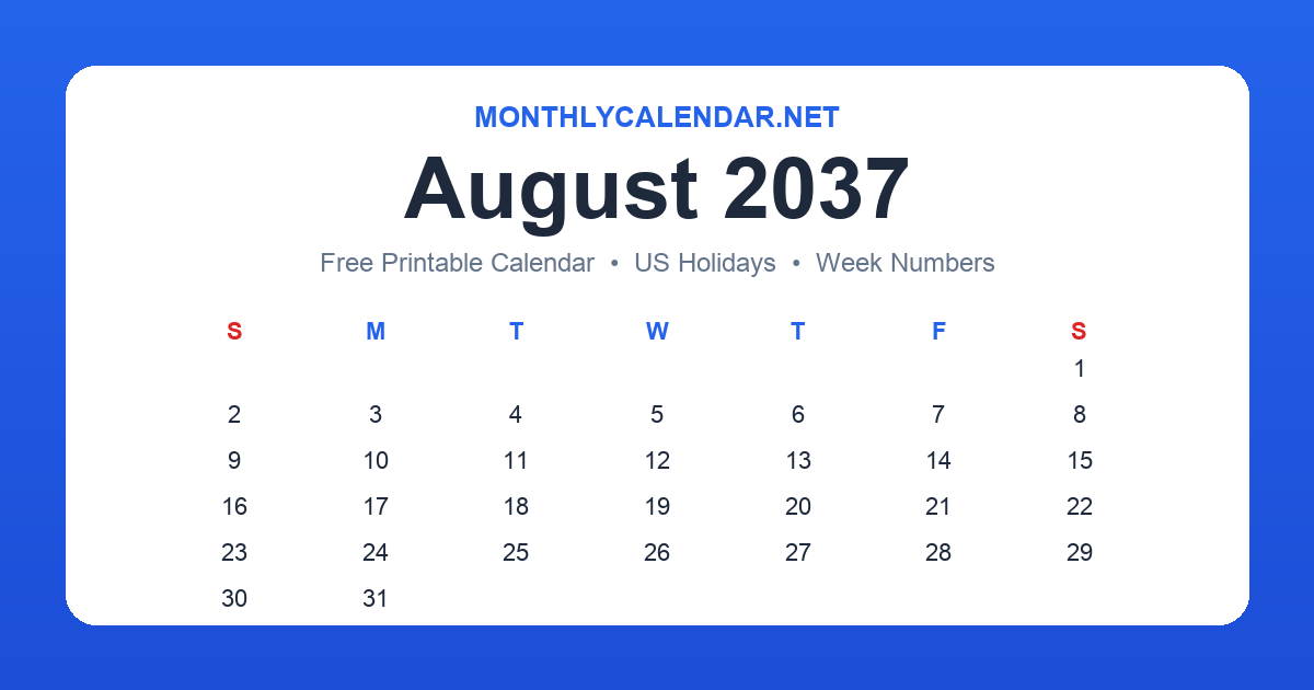 Printable August 2037 calendar with holidays
