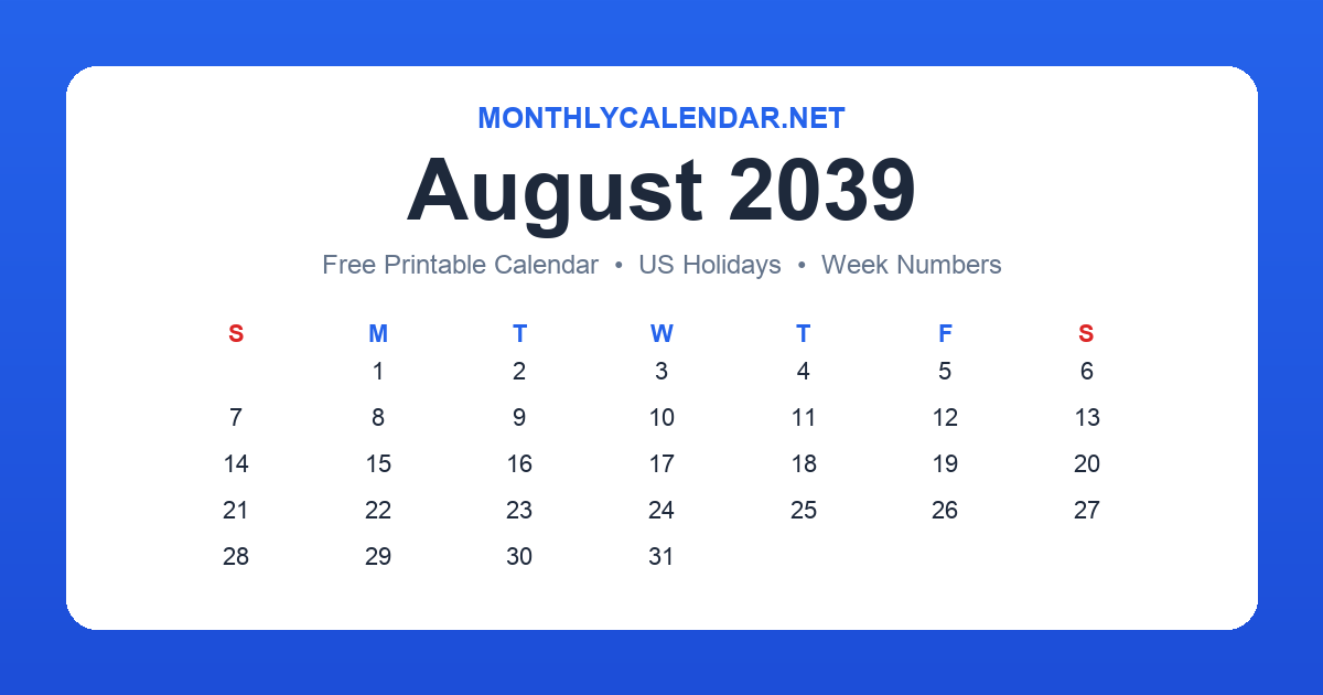 Printable August 2039 calendar with holidays
