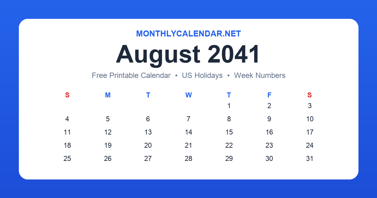 Printable August 2041 calendar with holidays