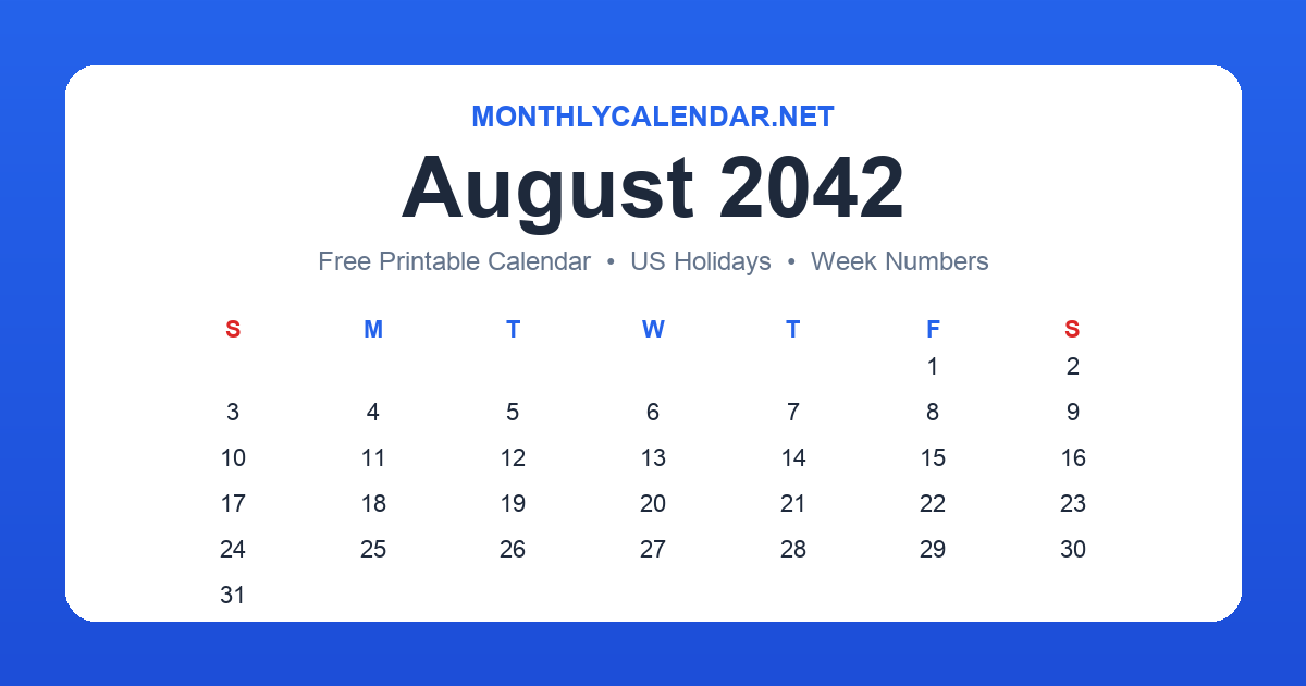 Printable August 2042 calendar with holidays