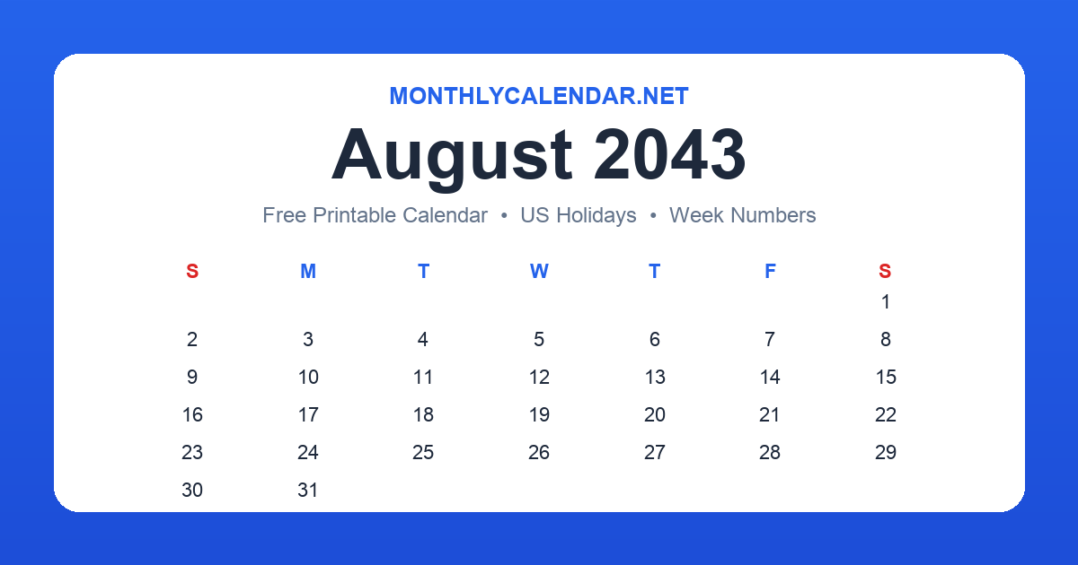 Printable August 2043 calendar with holidays