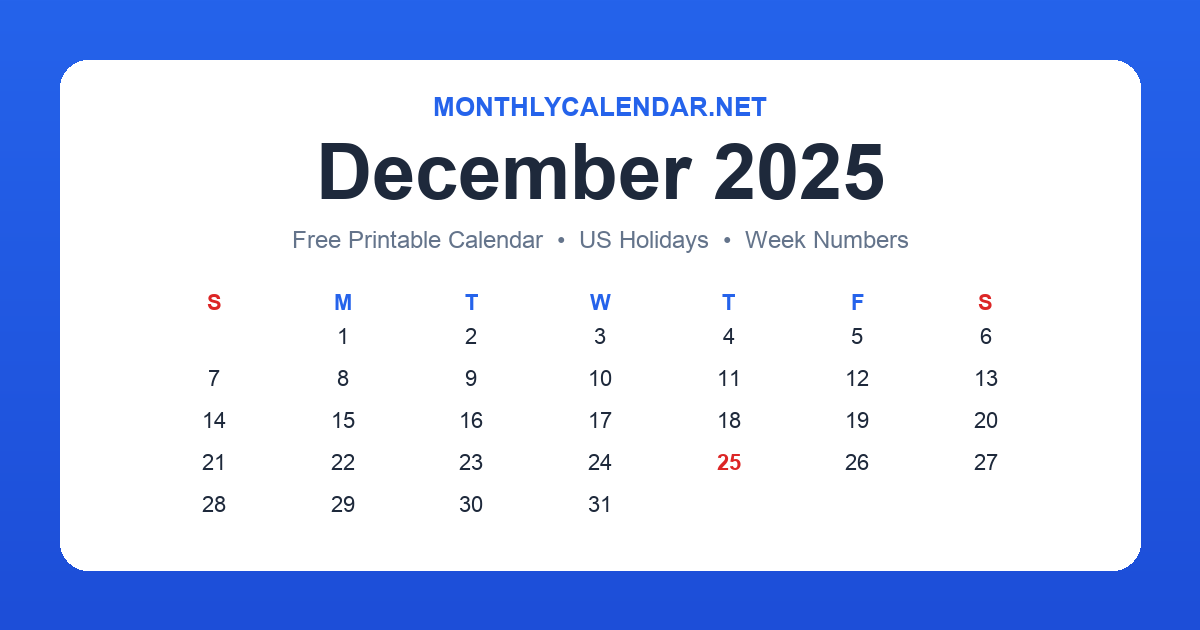 Printable December 2025 calendar with holidays