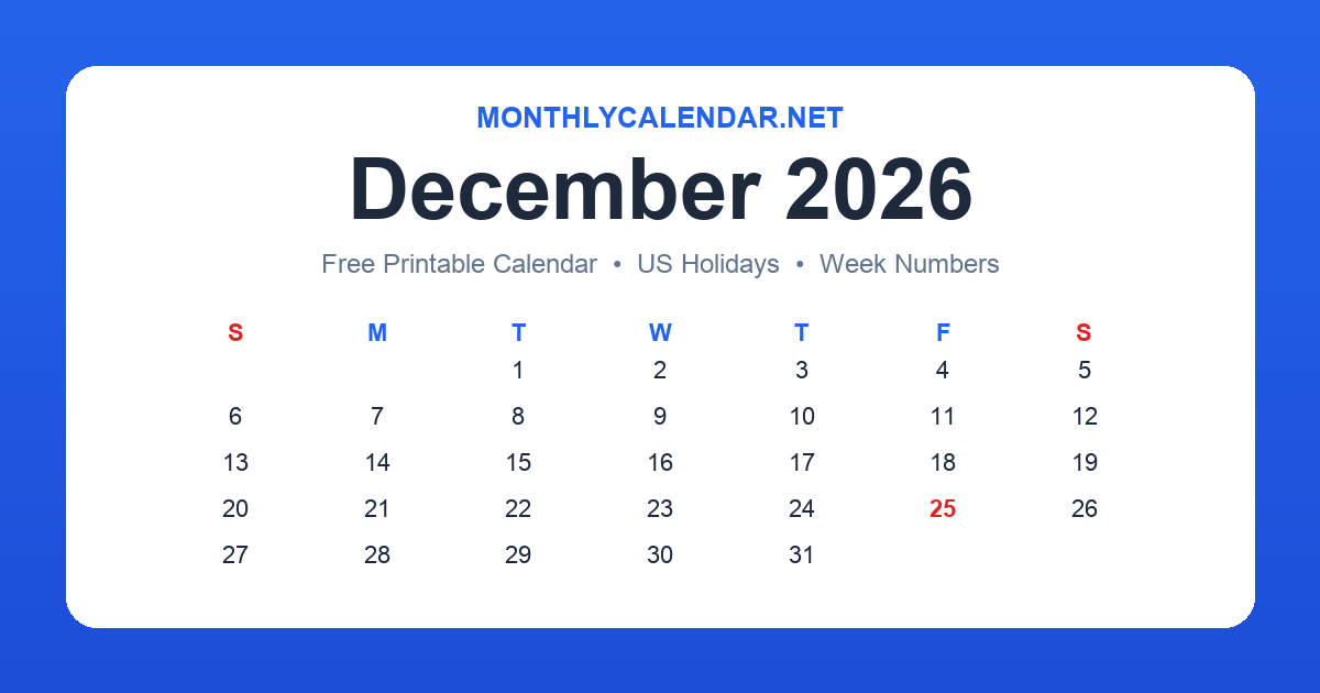 Printable December 2026 calendar with holidays