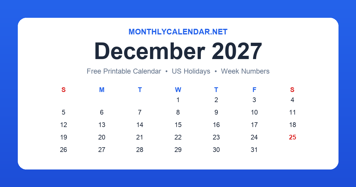 Printable December 2027 calendar with holidays