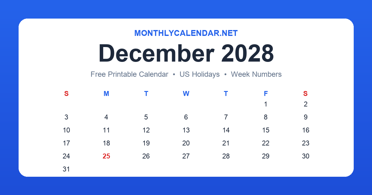 Printable December 2028 calendar with holidays