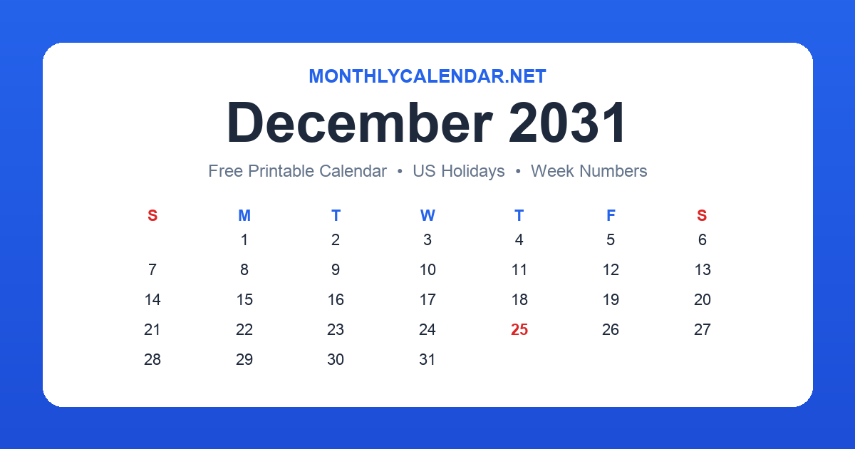 Printable December 2031 calendar with holidays