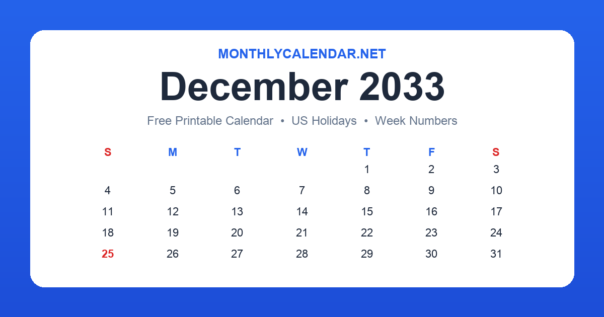 Printable December 2033 calendar with holidays