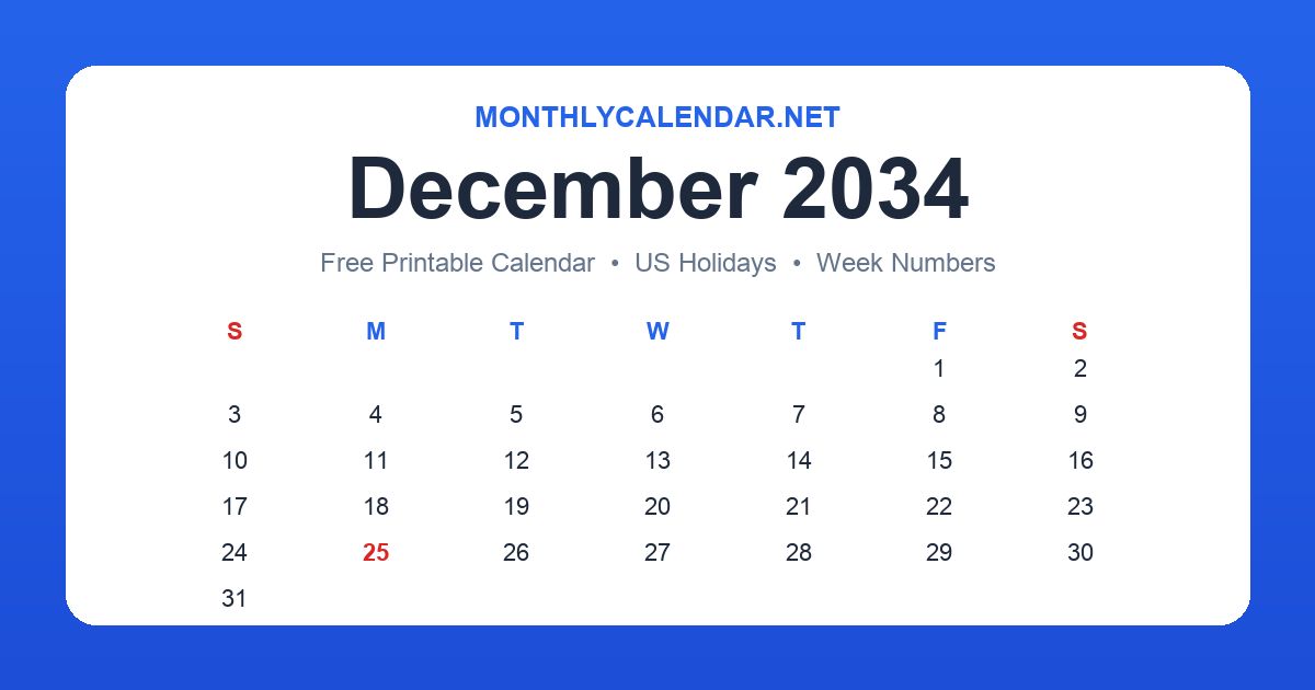 Printable December 2034 calendar with holidays