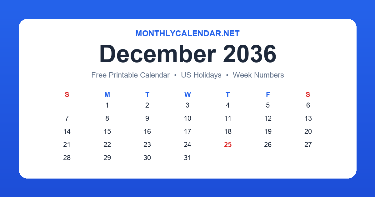 Printable December 2036 calendar with holidays