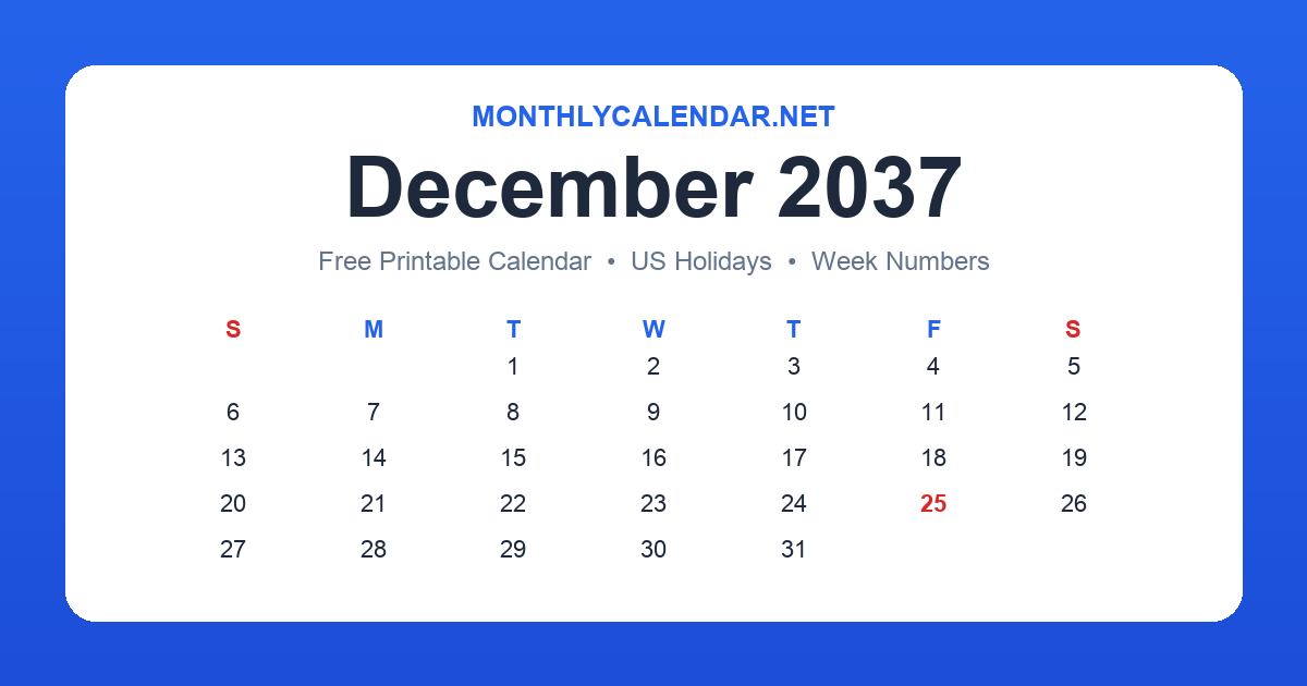 Printable December 2037 calendar with holidays