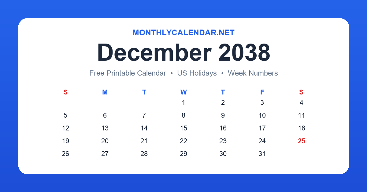 Printable December 2038 calendar with holidays