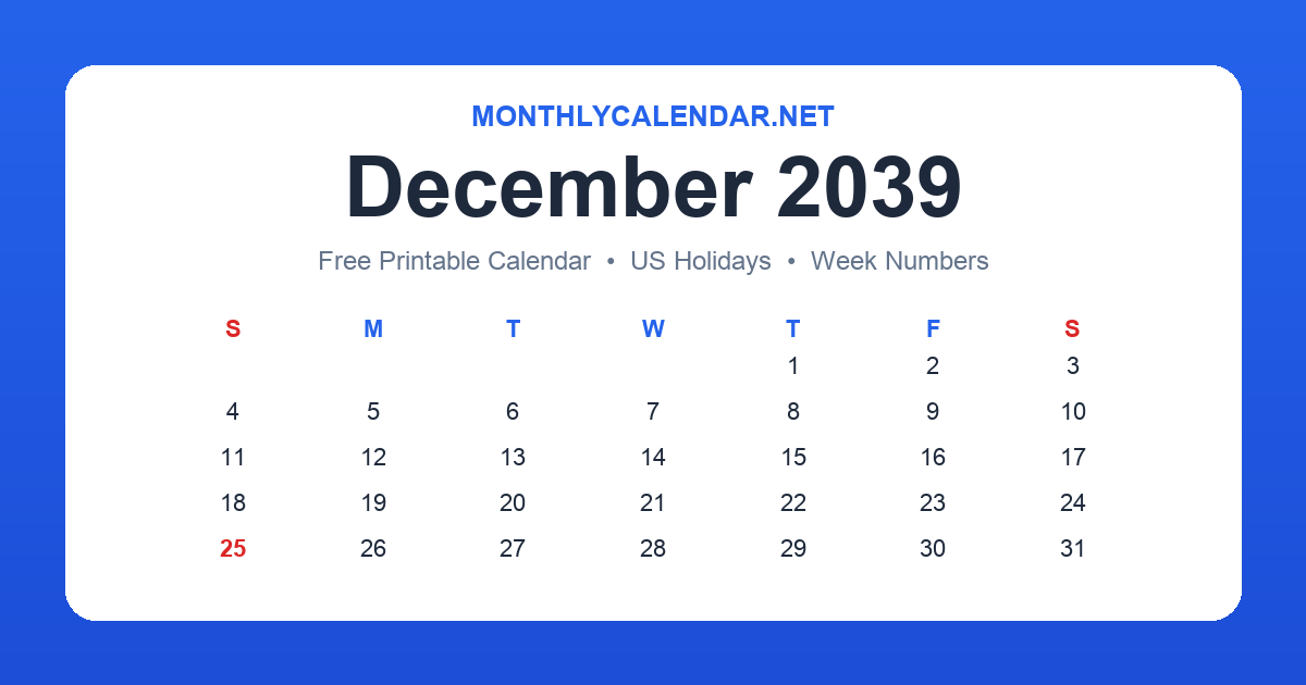 Printable December 2039 calendar with holidays