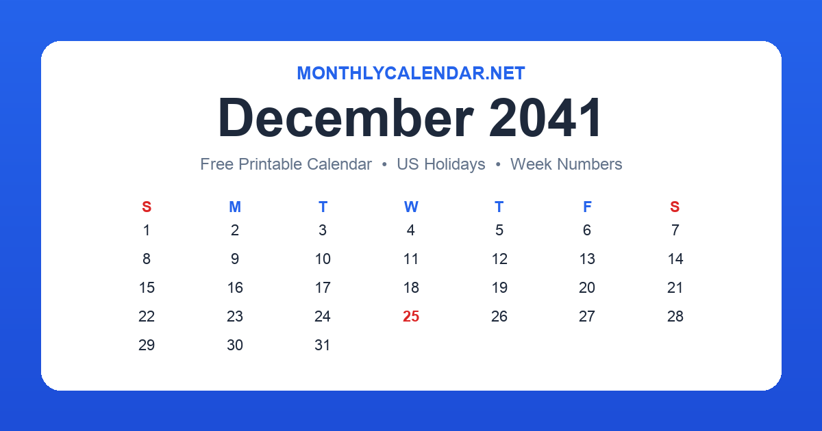 Printable December 2041 calendar with holidays