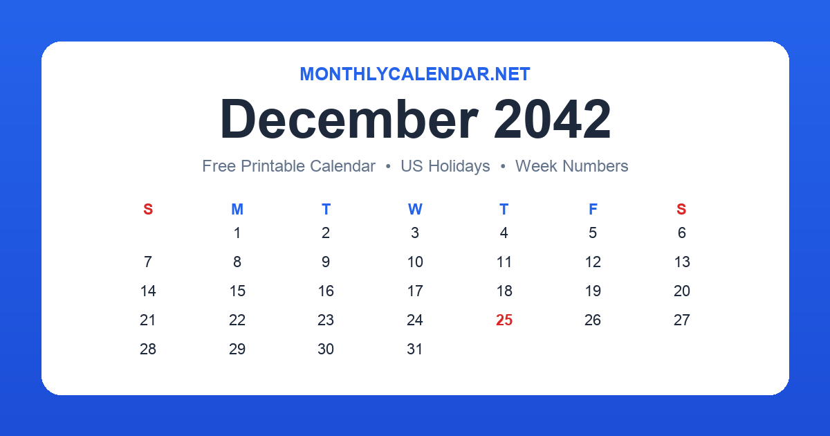 Printable December 2042 calendar with holidays