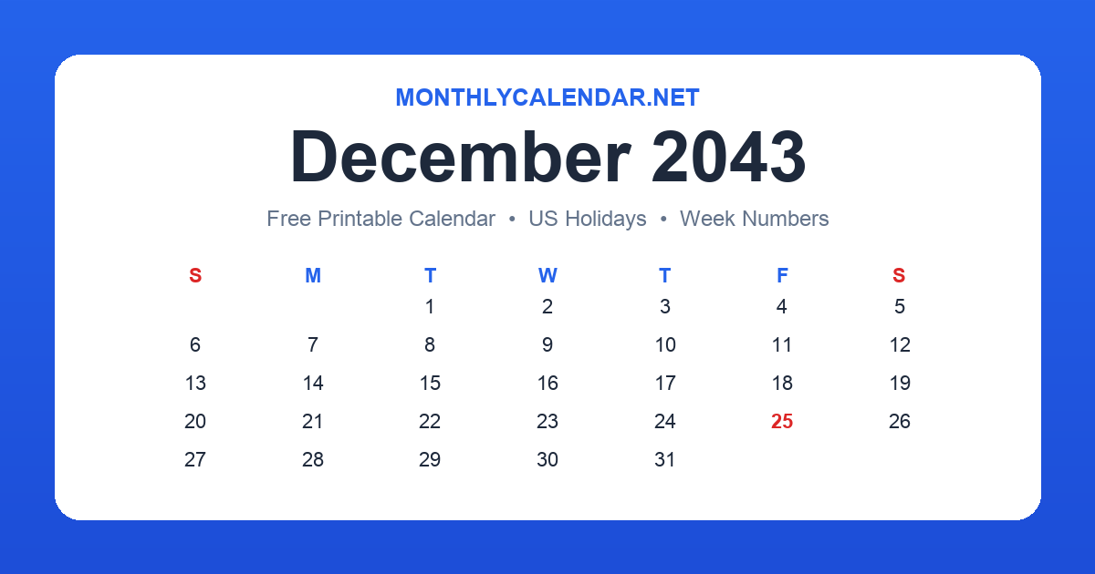 Printable December 2043 calendar with holidays