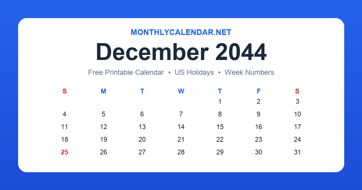Printable December 2044 calendar with holidays