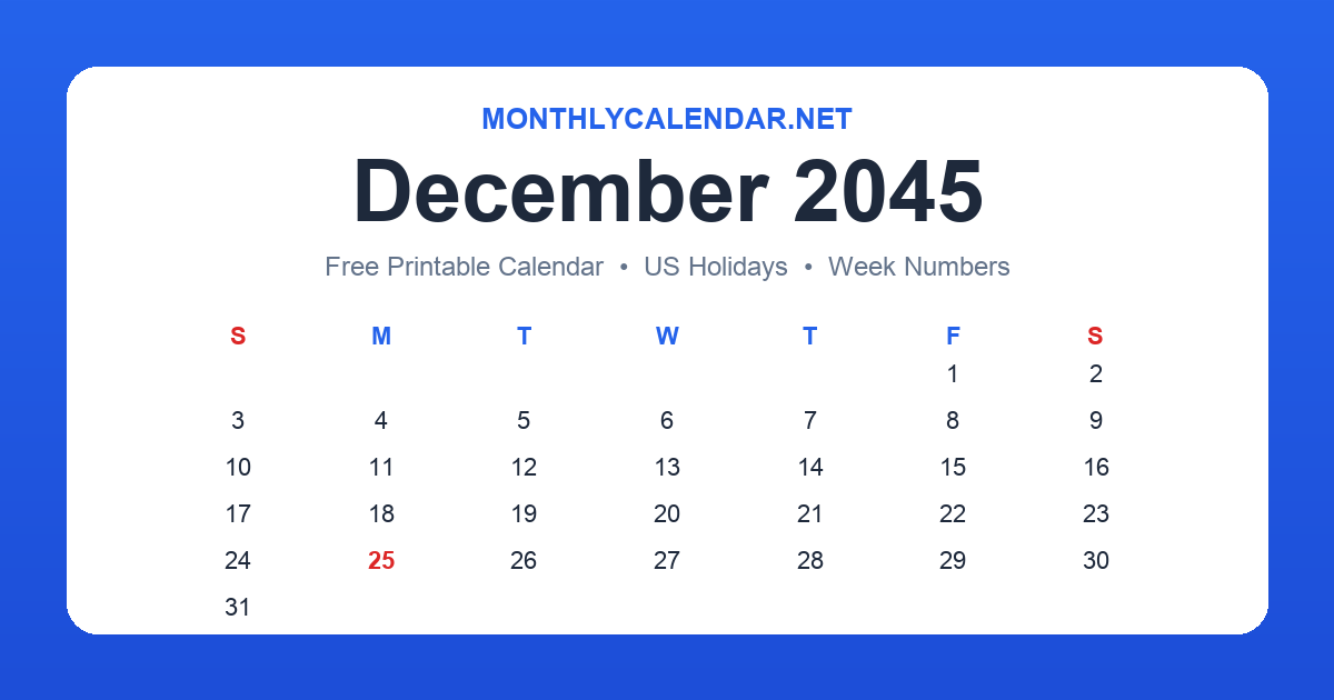 Printable December 2045 calendar with holidays