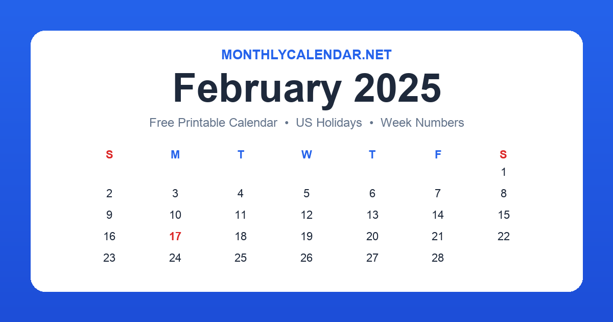Printable February 2025 calendar with holidays