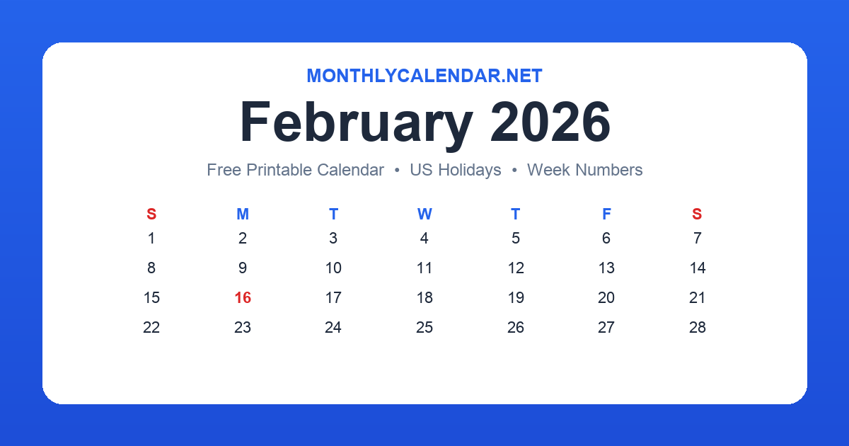 Printable February 2026 calendar with holidays