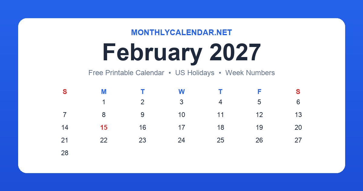 Printable February 2027 calendar with holidays