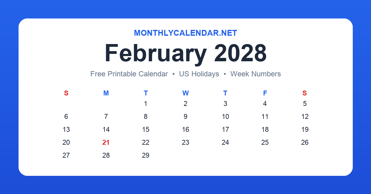 Printable February 2028 calendar with holidays