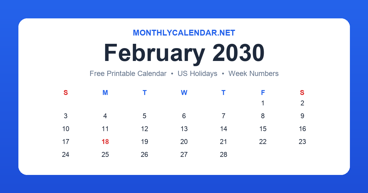Printable February 2030 calendar with holidays